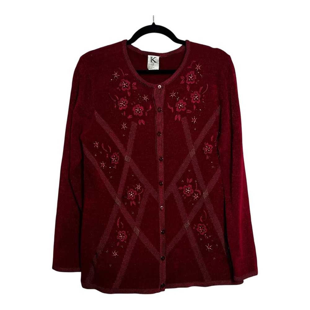 Shana K Womens Burgundy Red Floral Embroidered Beaded Button‎ Front Cardigan L